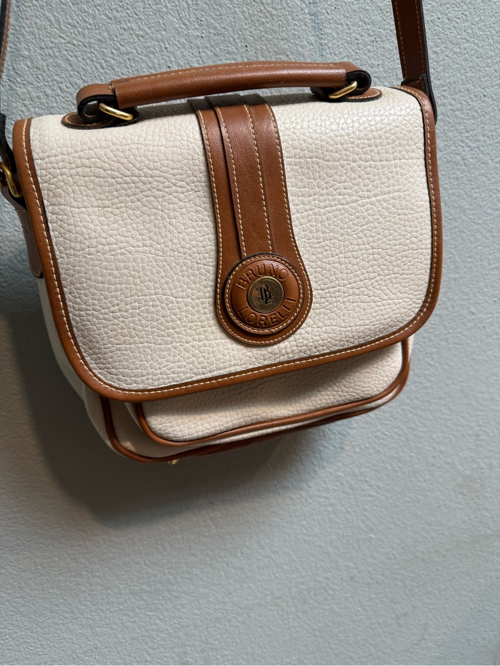 Bruno Borelli Cream and Tan Structured Shoulder Bag